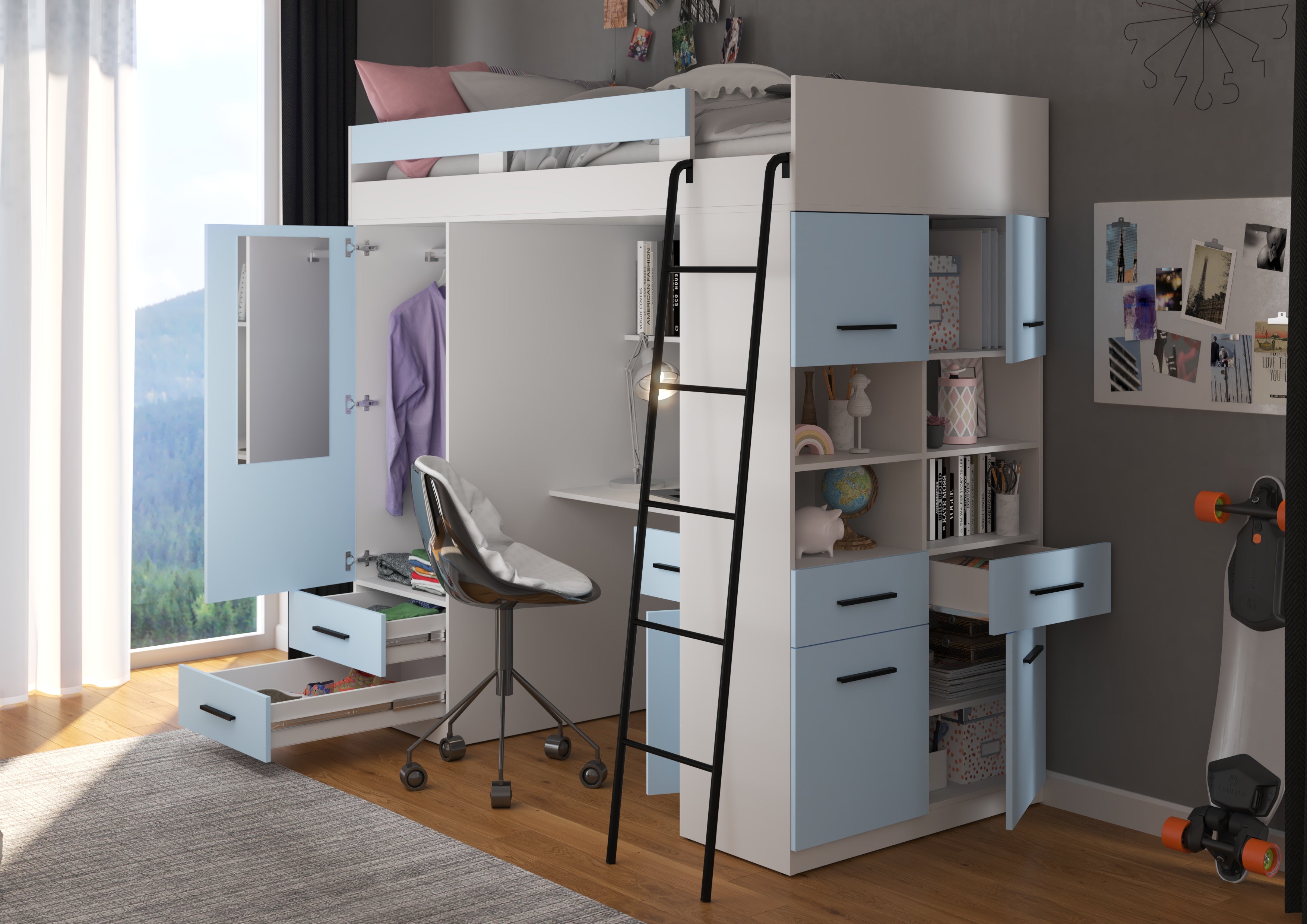 Etagenbett LEV-P mit Leiter rechts, Kleiderschrank, Schreibtisch und viele Regale