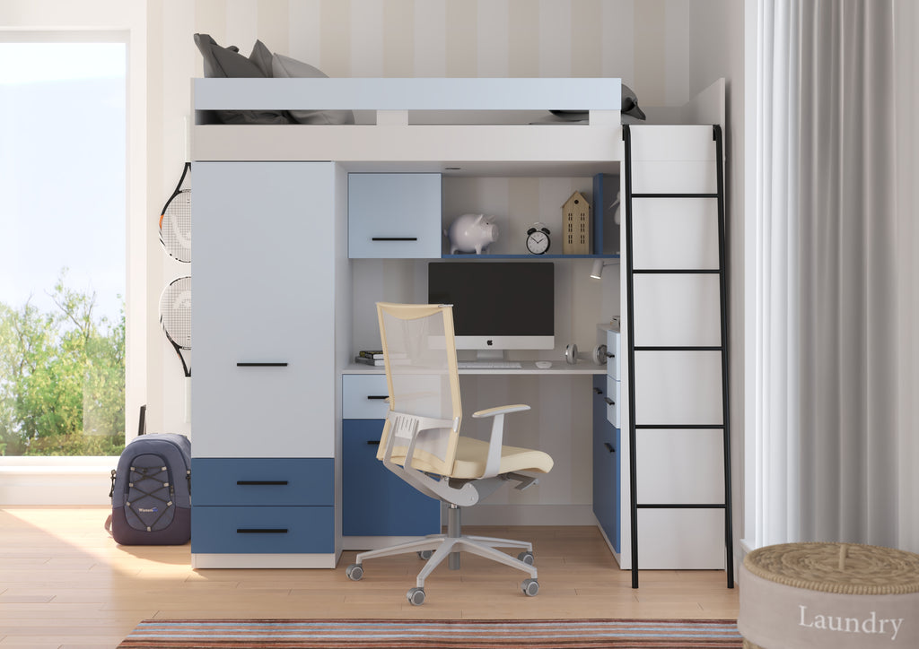 Etagenbett SMY-P mit Leiter rechts, Kleiderschrank, Schreibtisch und viele Regale