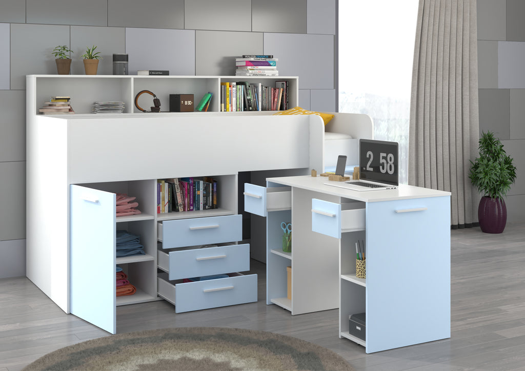Etagenbett NE-P mit Treppe rechts, Ausziehbarer Schreibtisch und Doppel Schrank