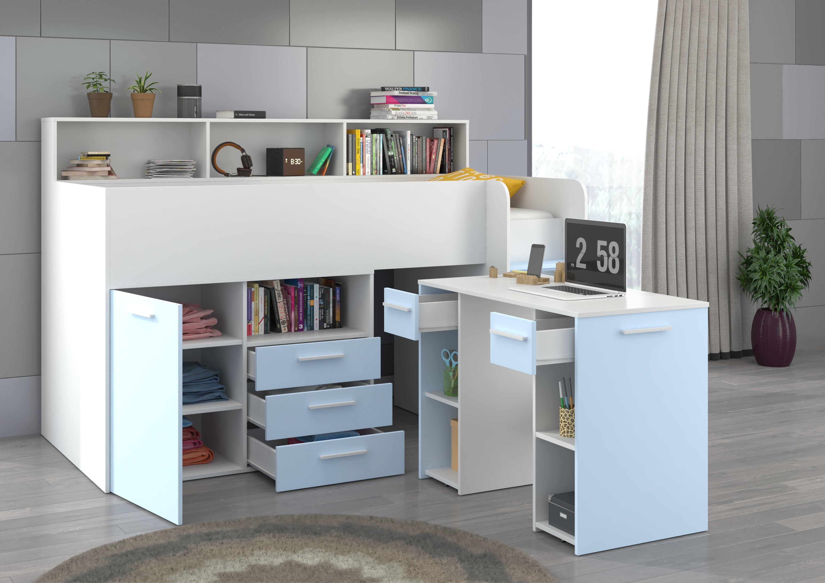Etagenbett NE-P mit Treppe rechts, Ausziehbarer Schreibtisch und Doppel Schrank