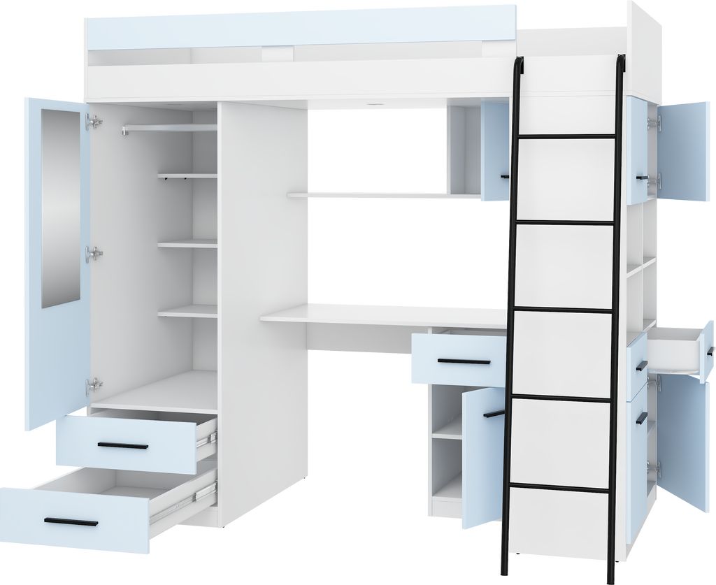 Etagenbett LEV-P mit Leiter rechts, Kleiderschrank, Schreibtisch und viele Regale