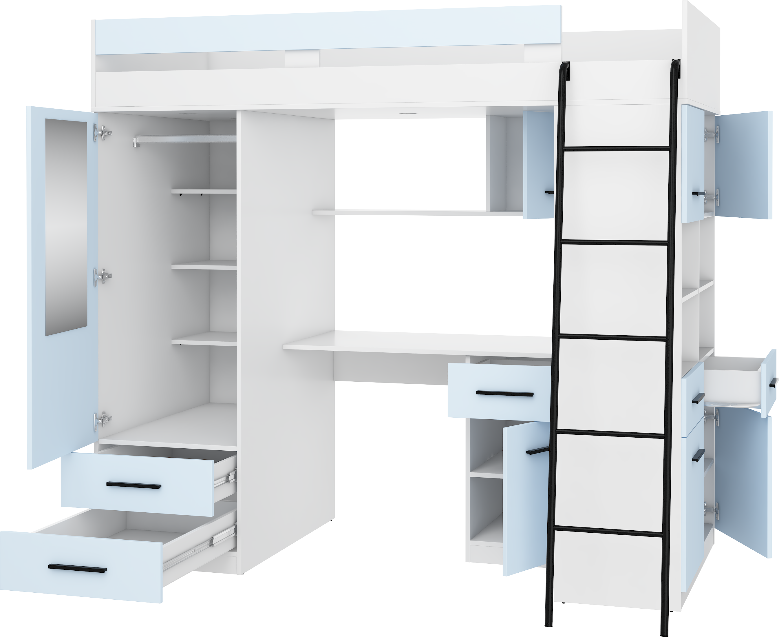 Etagenbett LEV-P mit Leiter rechts, Kleiderschrank, Schreibtisch und viele Regale