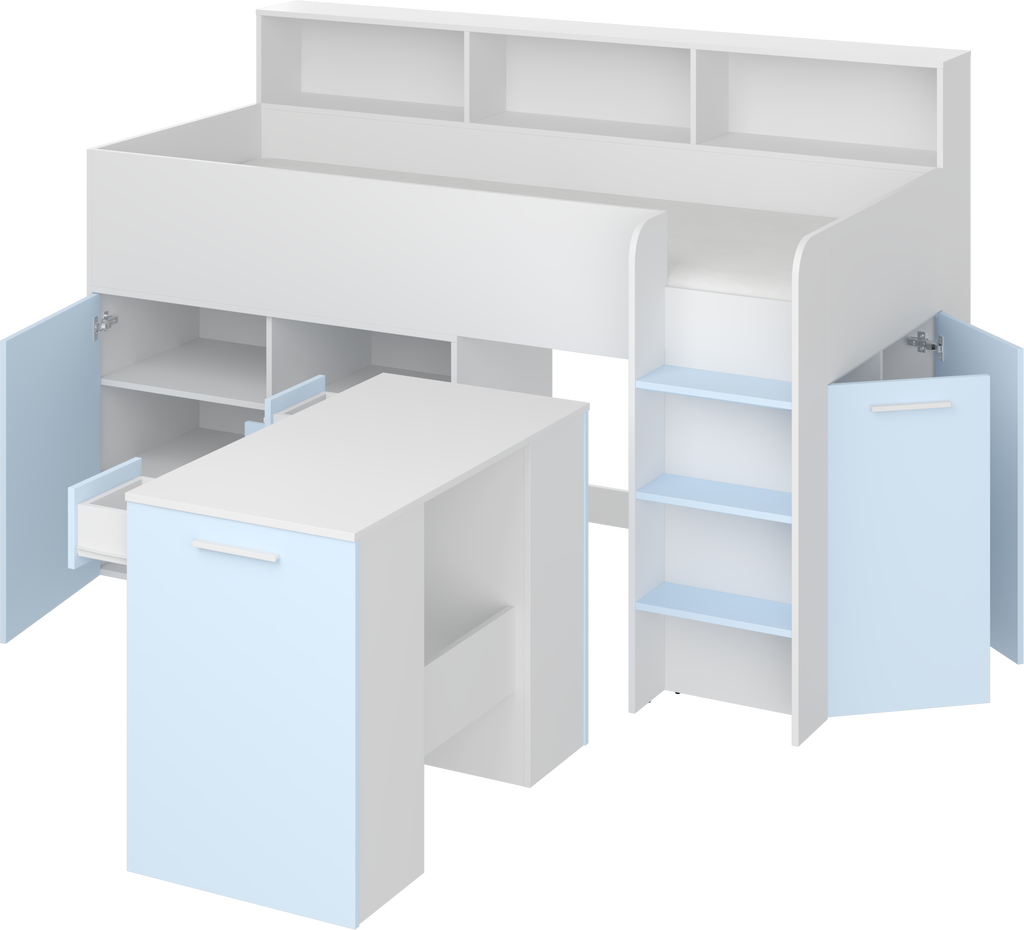 Etagenbett NE-P mit Treppe rechts, Ausziehbarer Schreibtisch und Doppel Schrank