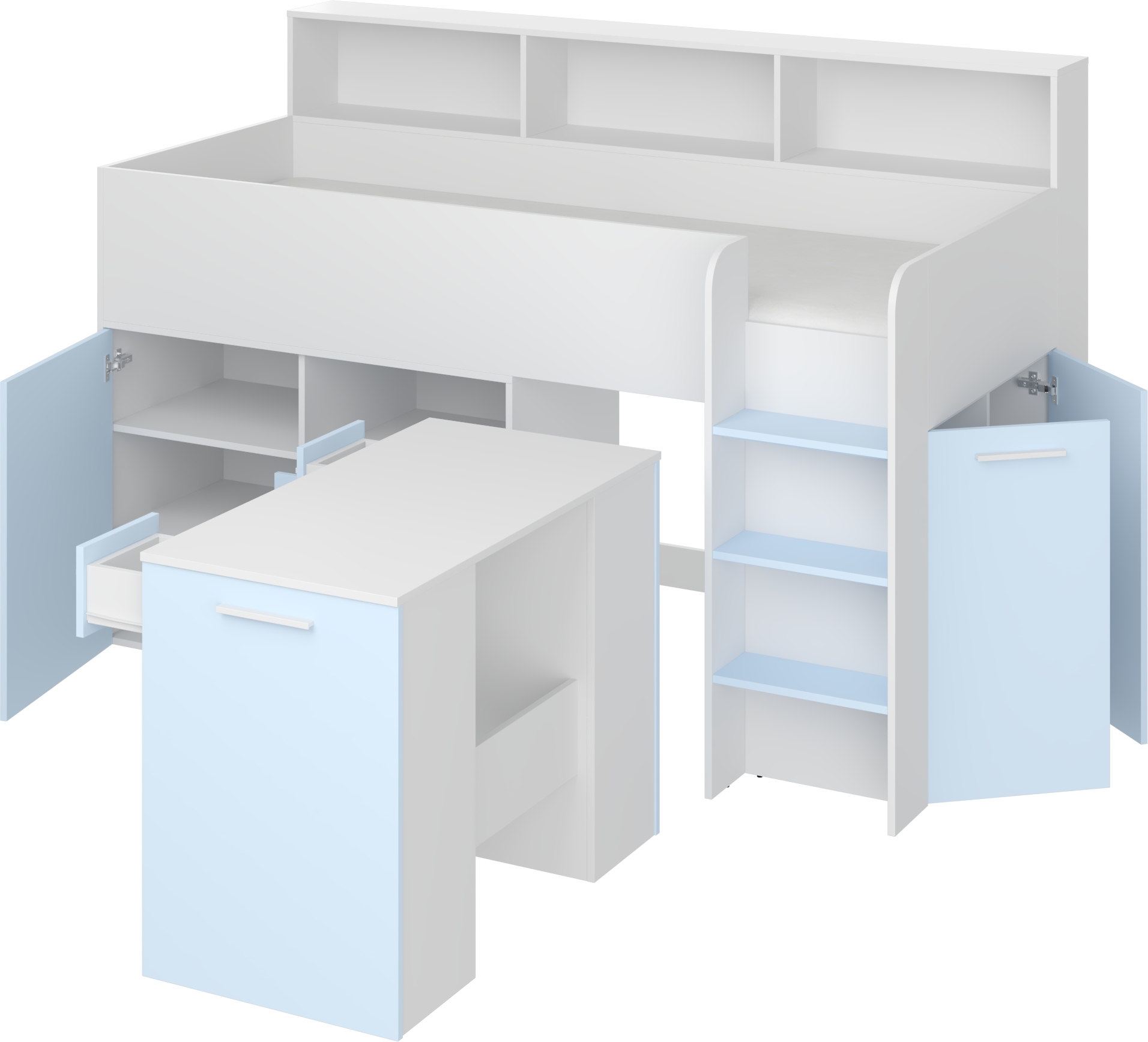 Etagenbett NE-P mit Treppe rechts, Ausziehbarer Schreibtisch und Doppel Schrank