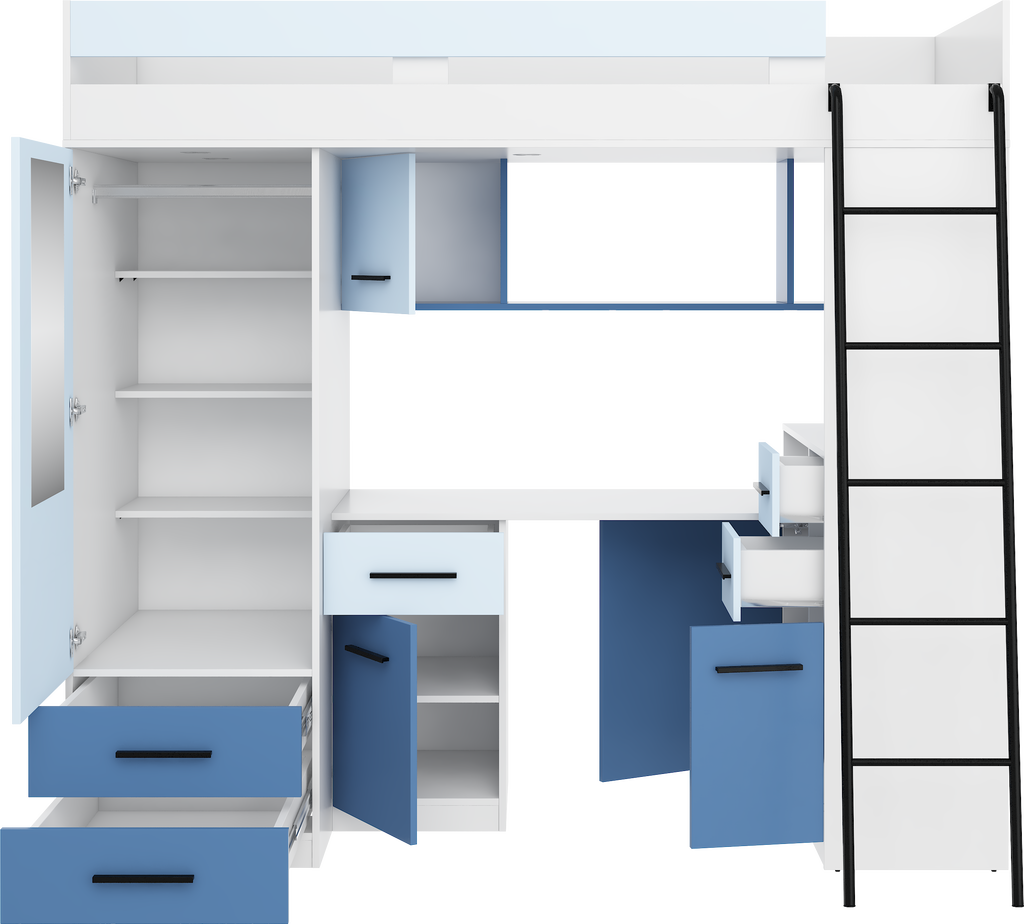 Etagenbett SMY-P mit Leiter rechts, Kleiderschrank, Schreibtisch und viele Regale
