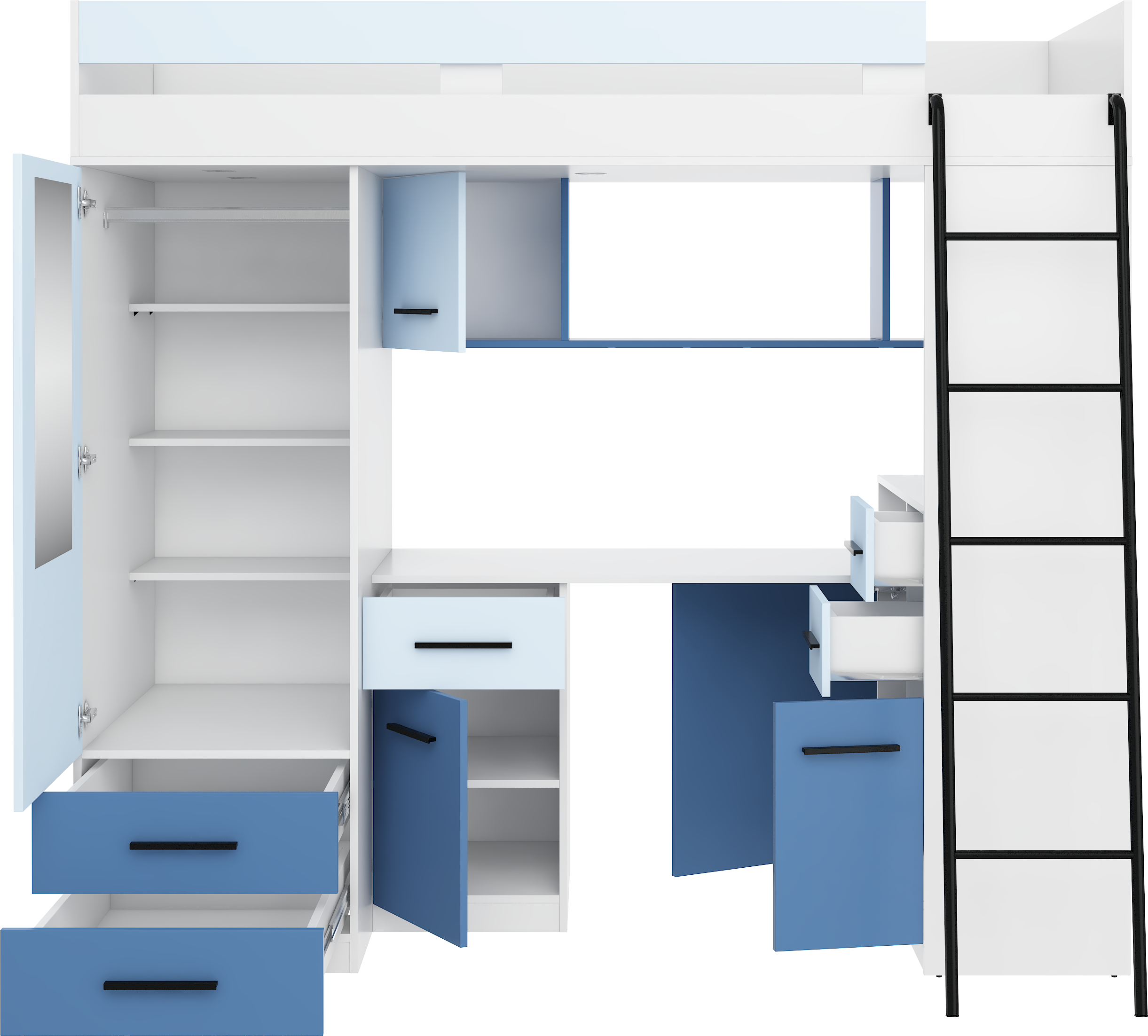 Etagenbett SMY-P mit Leiter rechts, Kleiderschrank, Schreibtisch und viele Regale
