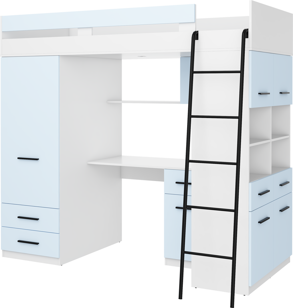 Etagenbett LEV-P mit Leiter rechts, Kleiderschrank, Schreibtisch und viele Regale