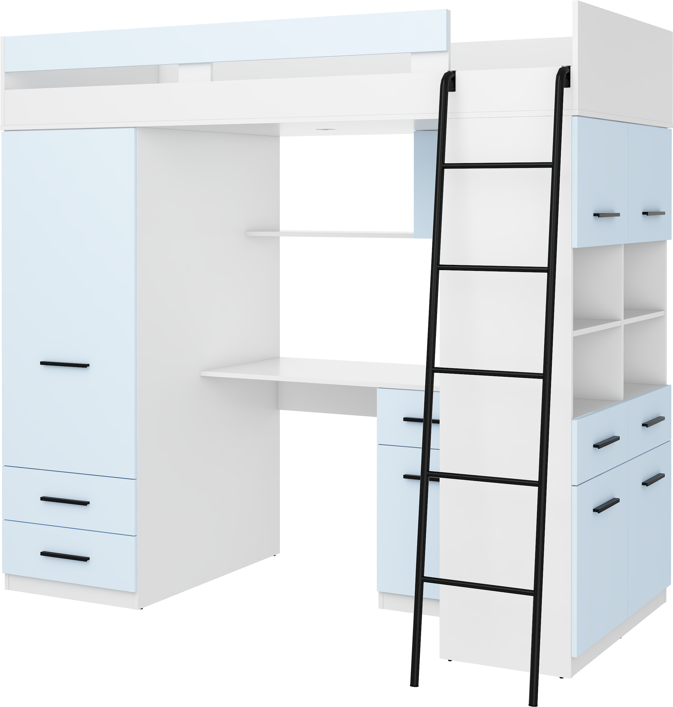 Etagenbett LEV-P mit Leiter rechts, Kleiderschrank, Schreibtisch und viele Regale