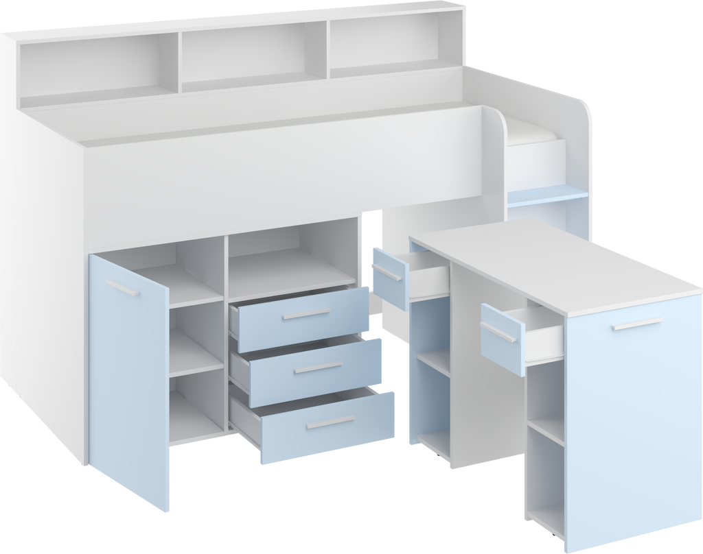 Etagenbett NE-P mit Treppe rechts, Ausziehbarer Schreibtisch und Doppel Schrank