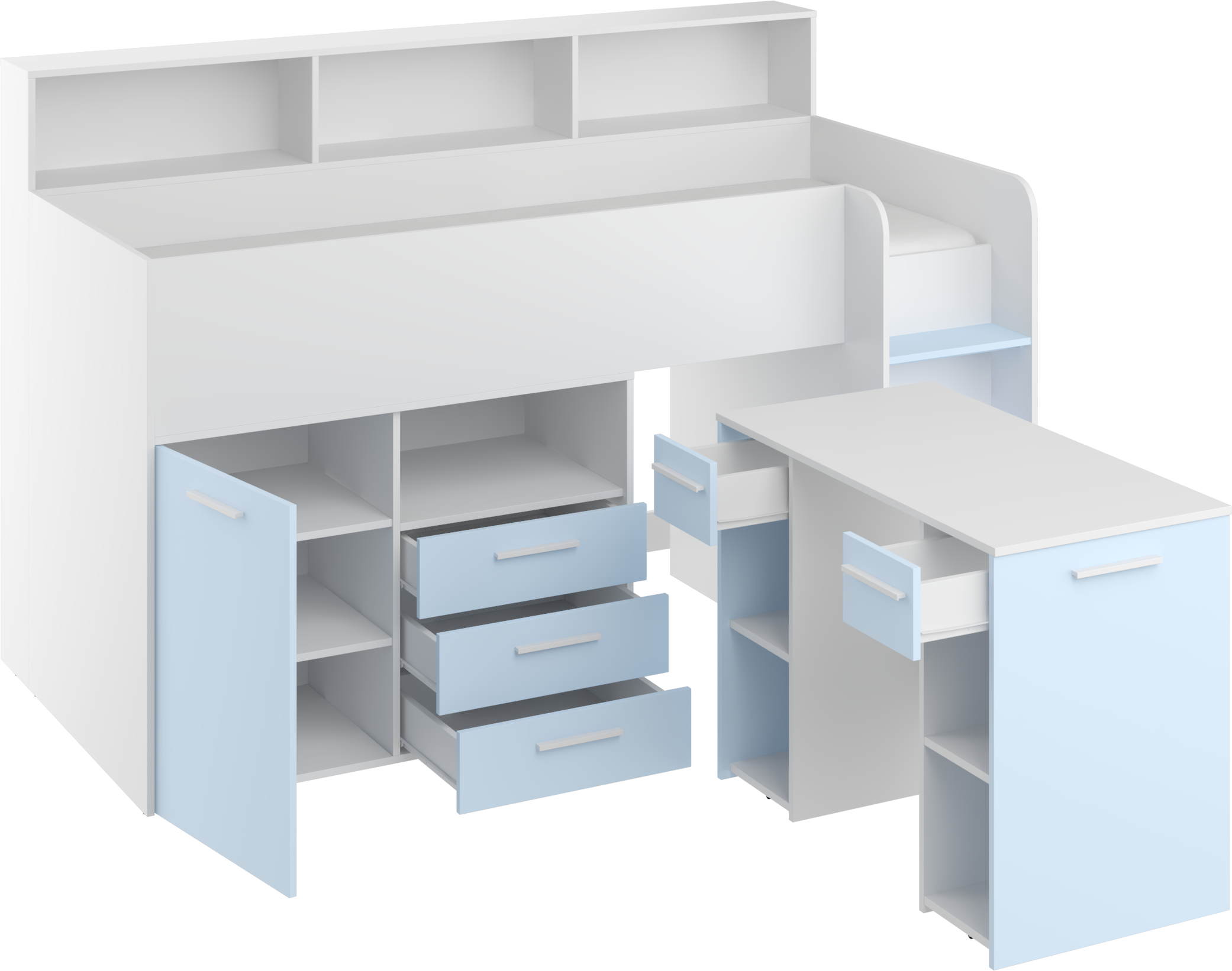 Etagenbett NE-P mit Treppe rechts, Ausziehbarer Schreibtisch und Doppel Schrank