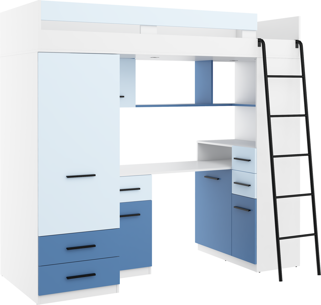 Etagenbett SMY-P mit Leiter rechts, Kleiderschrank, Schreibtisch und viele Regale