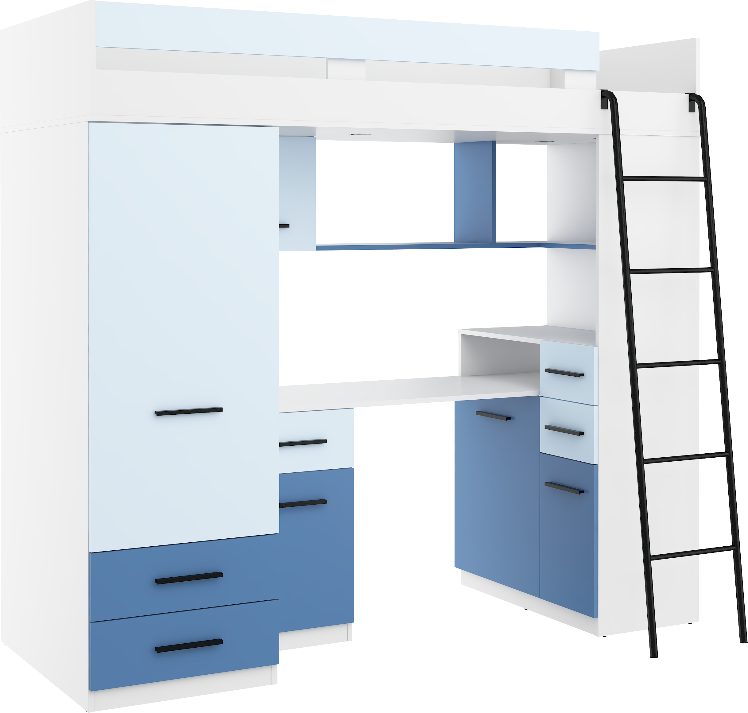 Etagenbett SMY-P mit Leiter rechts, Kleiderschrank, Schreibtisch und viele Regale