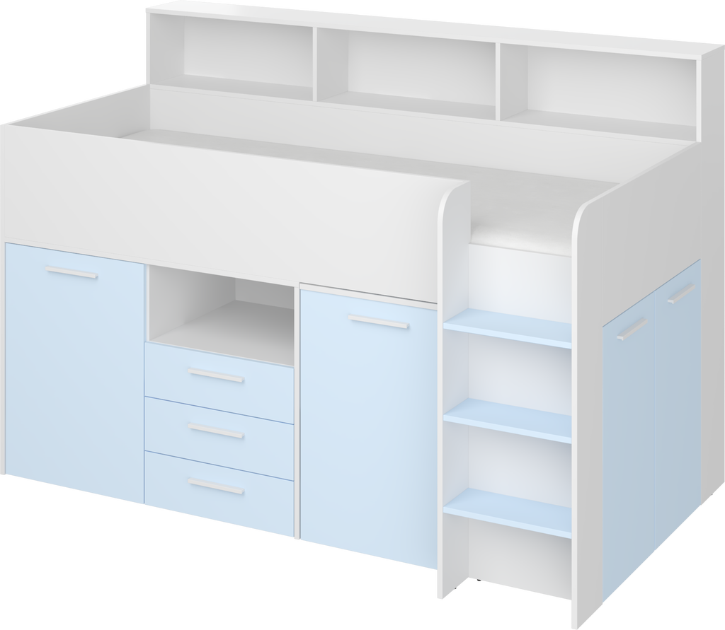 Etagenbett NE-P mit Treppe rechts, Ausziehbarer Schreibtisch und Doppel Schrank