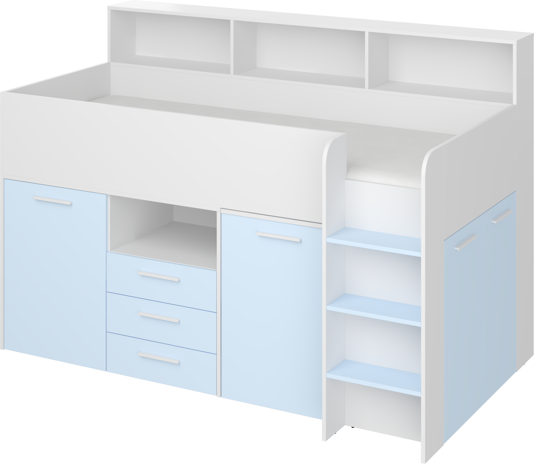 Etagenbett NE-P mit Treppe rechts, Ausziehbarer Schreibtisch und Doppel Schrank