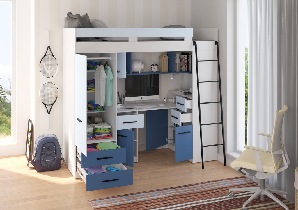 Etagenbett SMY-P mit Leiter rechts, Kleiderschrank, Schreibtisch und viele Regale