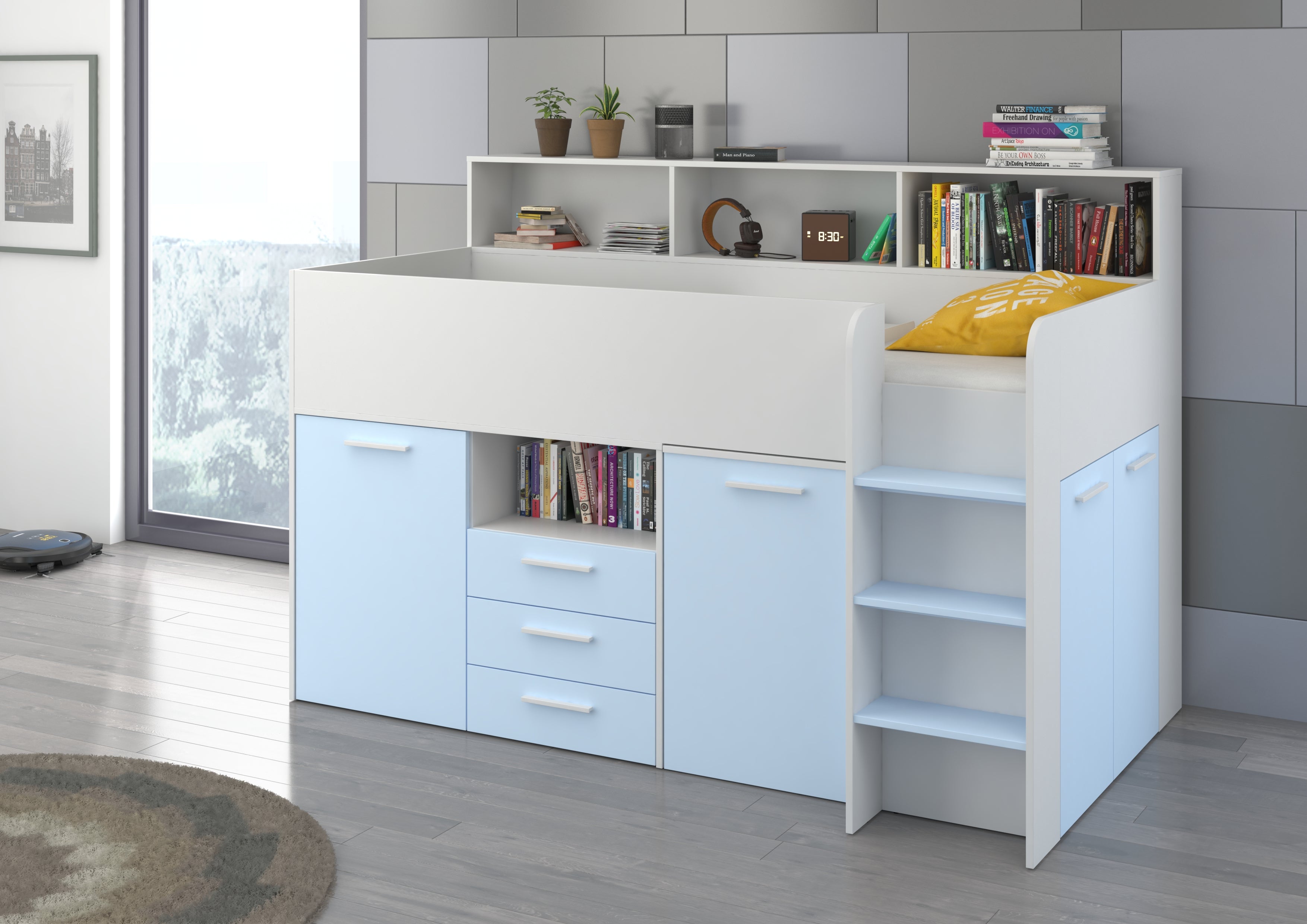 Etagenbett NE-P mit Treppe rechts, Ausziehbarer Schreibtisch und Doppel Schrank