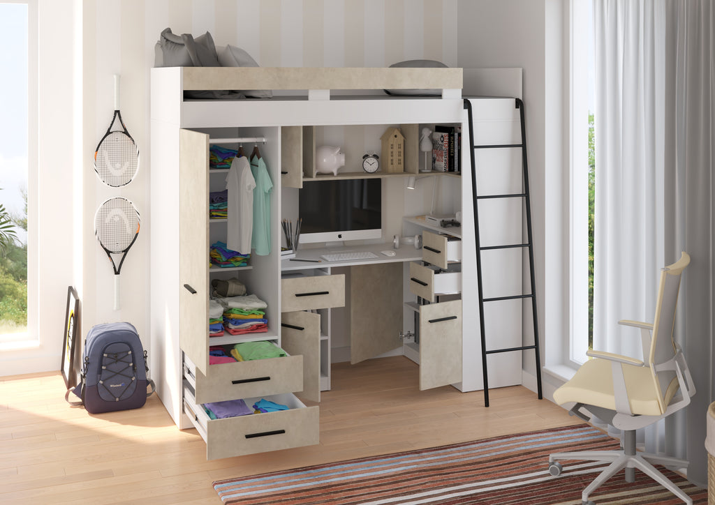 Etagenbett SMY-P mit Leiter rechts, Kleiderschrank, Schreibtisch und viele Regale