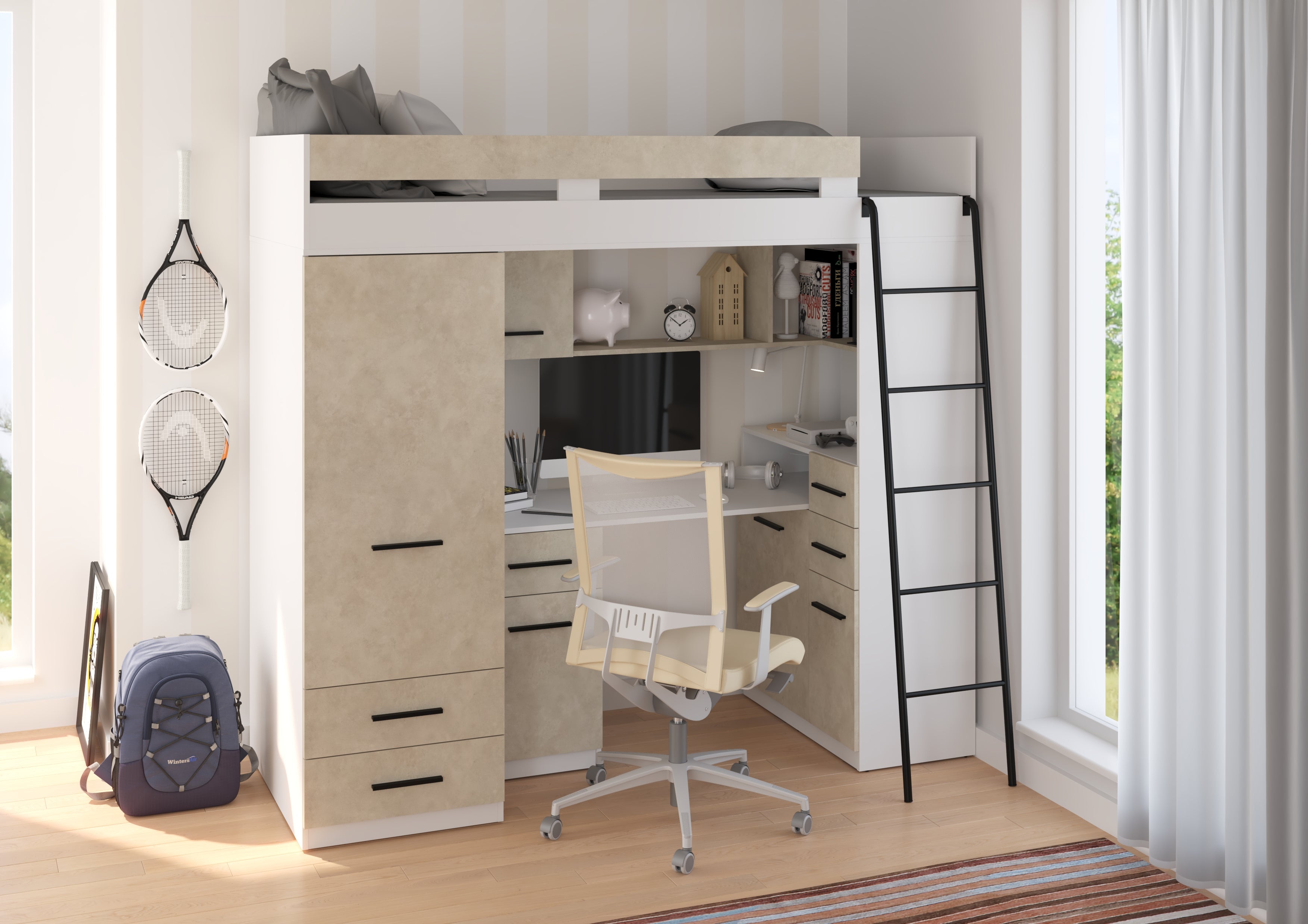 Etagenbett SMY-P mit Leiter rechts, Kleiderschrank, Schreibtisch und viele Regale