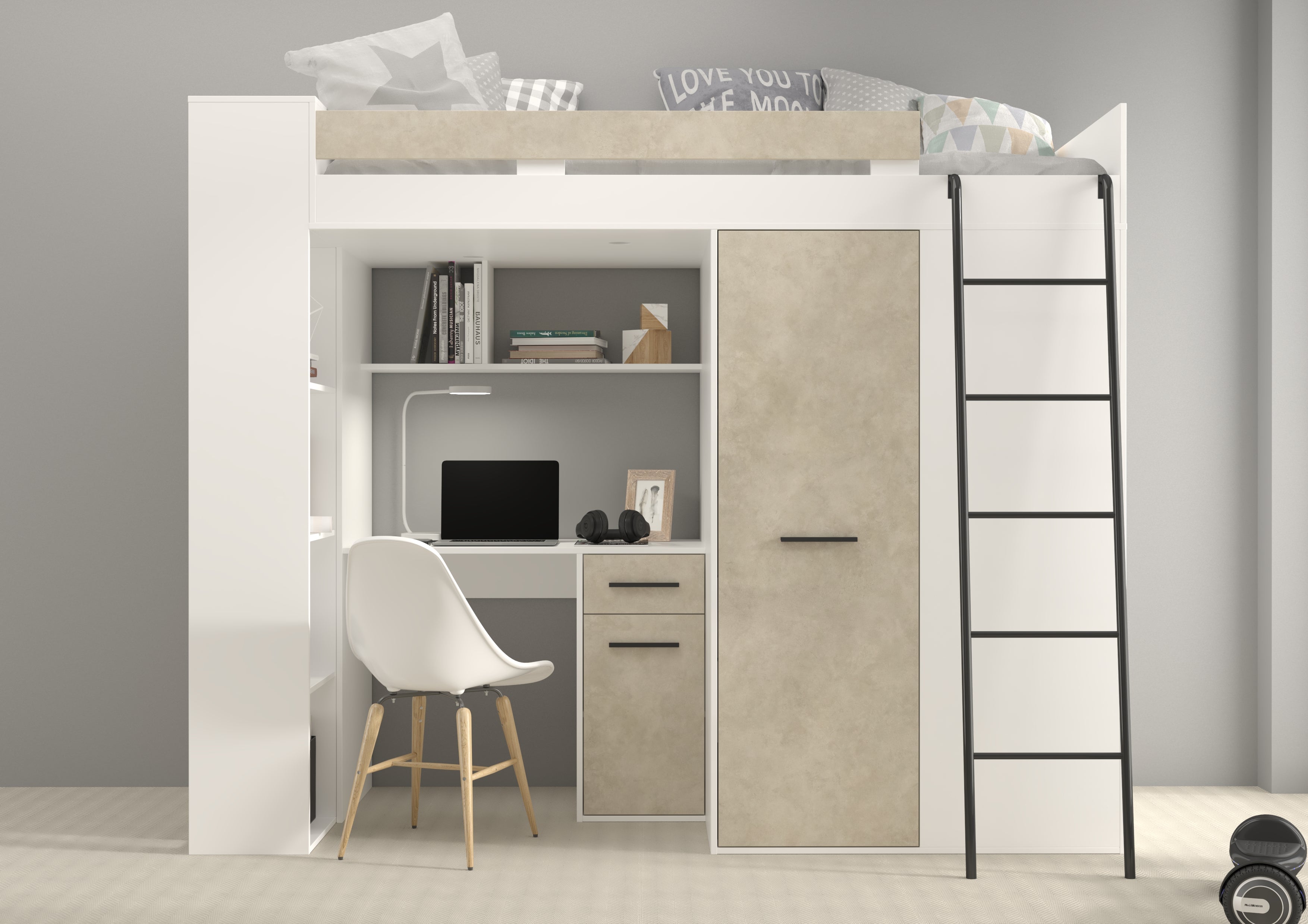 Etagenbett VER-P mit Leiter recht, Kleiderschrank, Schreibtisch und viele Regale
