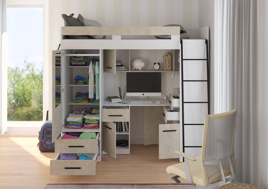 Etagenbett SMY-P mit Leiter rechts, Kleiderschrank, Schreibtisch und viele Regale