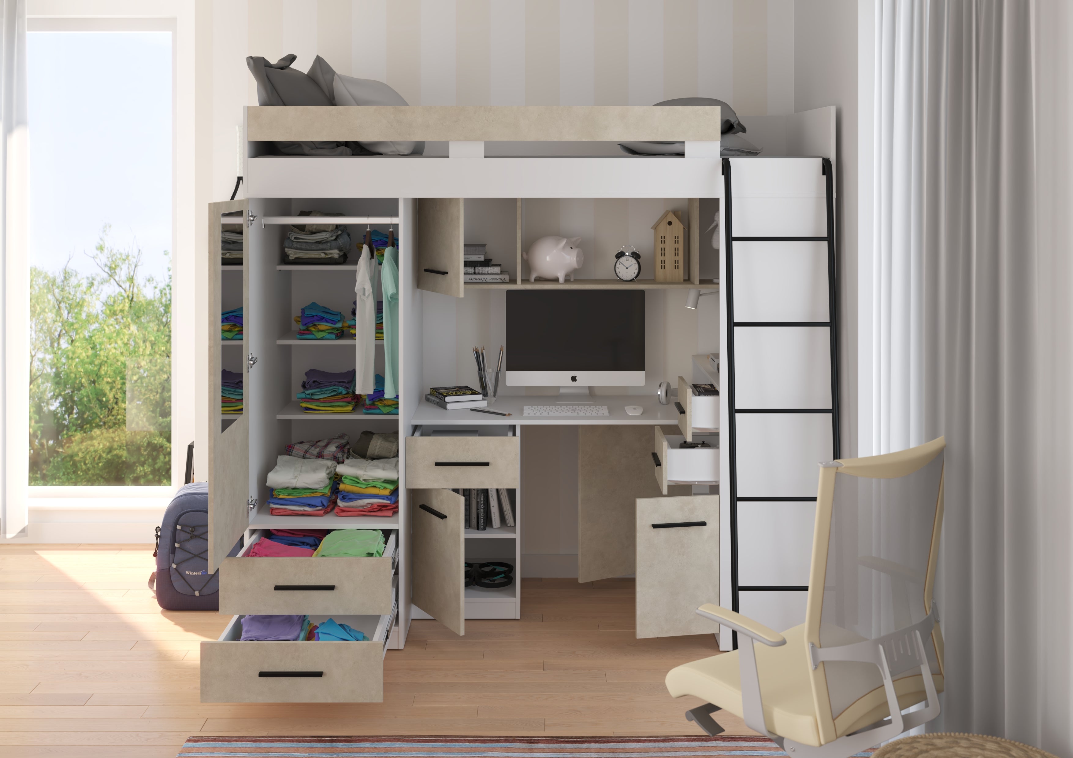 Etagenbett SMY-P mit Leiter rechts, Kleiderschrank, Schreibtisch und viele Regale