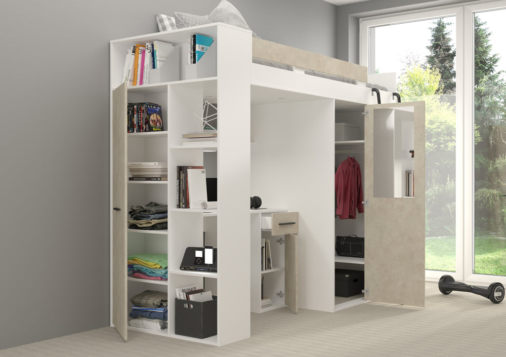 Etagenbett VER-P mit Leiter recht, Kleiderschrank, Schreibtisch und viele Regale
