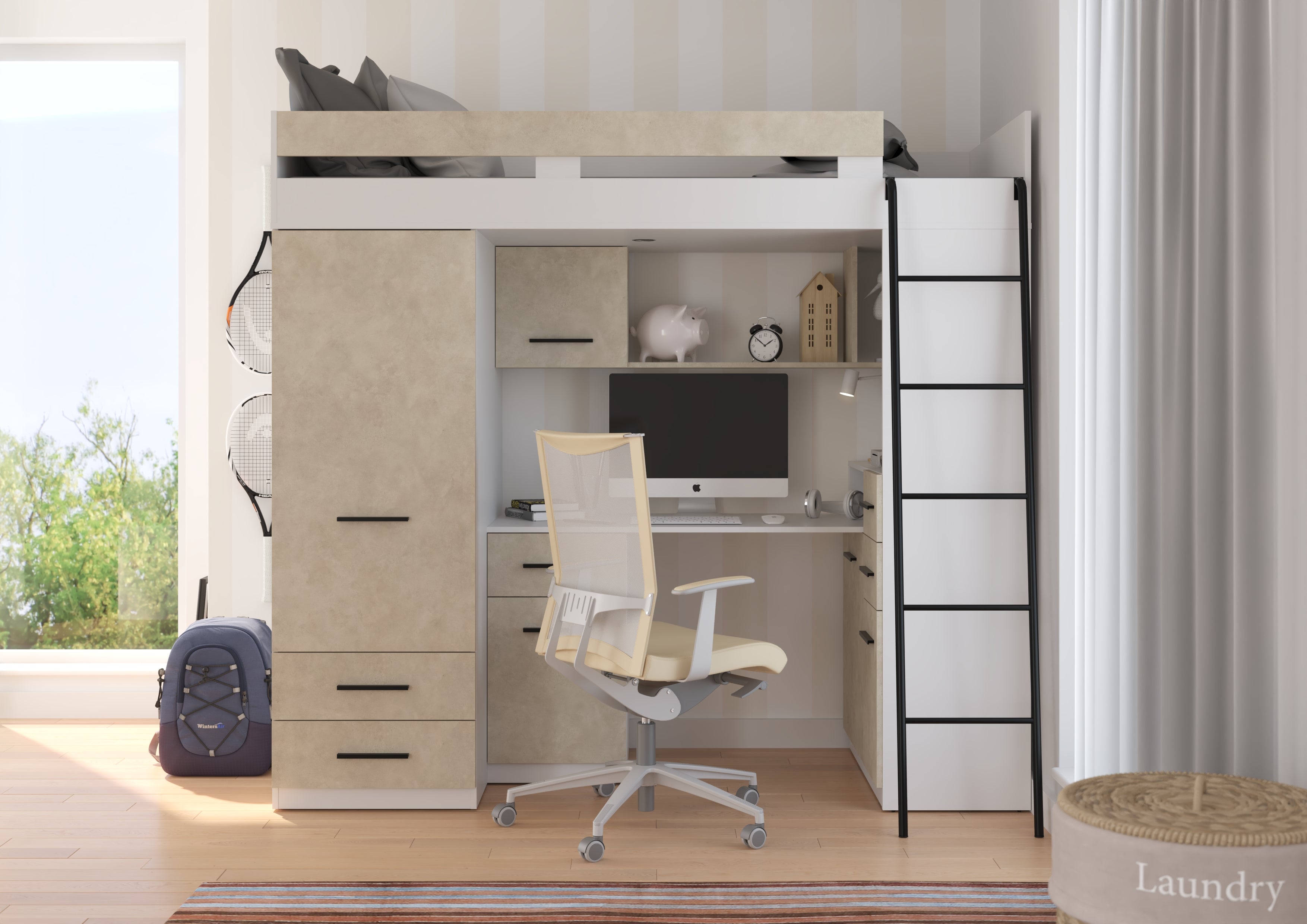 Etagenbett SMY-P mit Leiter rechts, Kleiderschrank, Schreibtisch und viele Regale