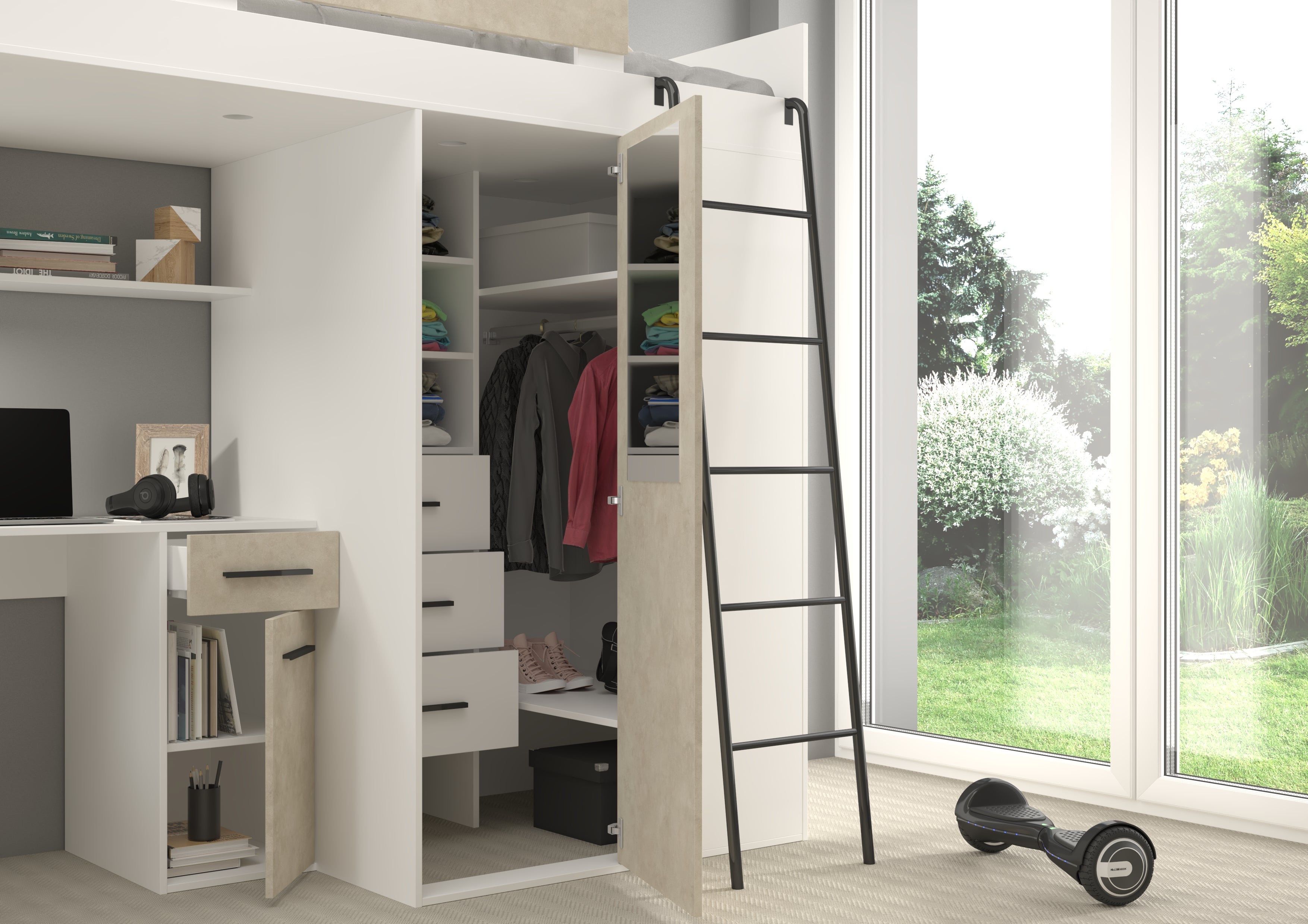 Etagenbett VER-P mit Leiter recht, Kleiderschrank, Schreibtisch und viele Regale