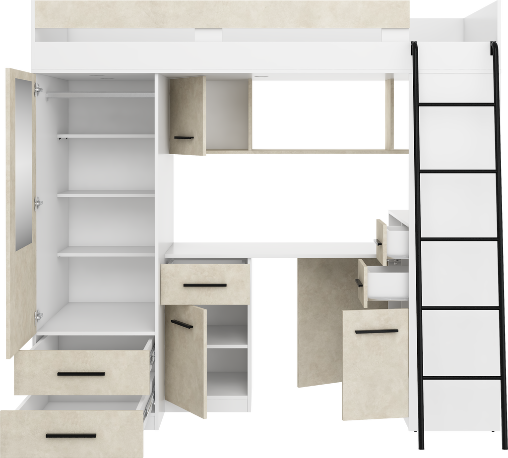 Etagenbett SMY-P mit Leiter rechts, Kleiderschrank, Schreibtisch und viele Regale