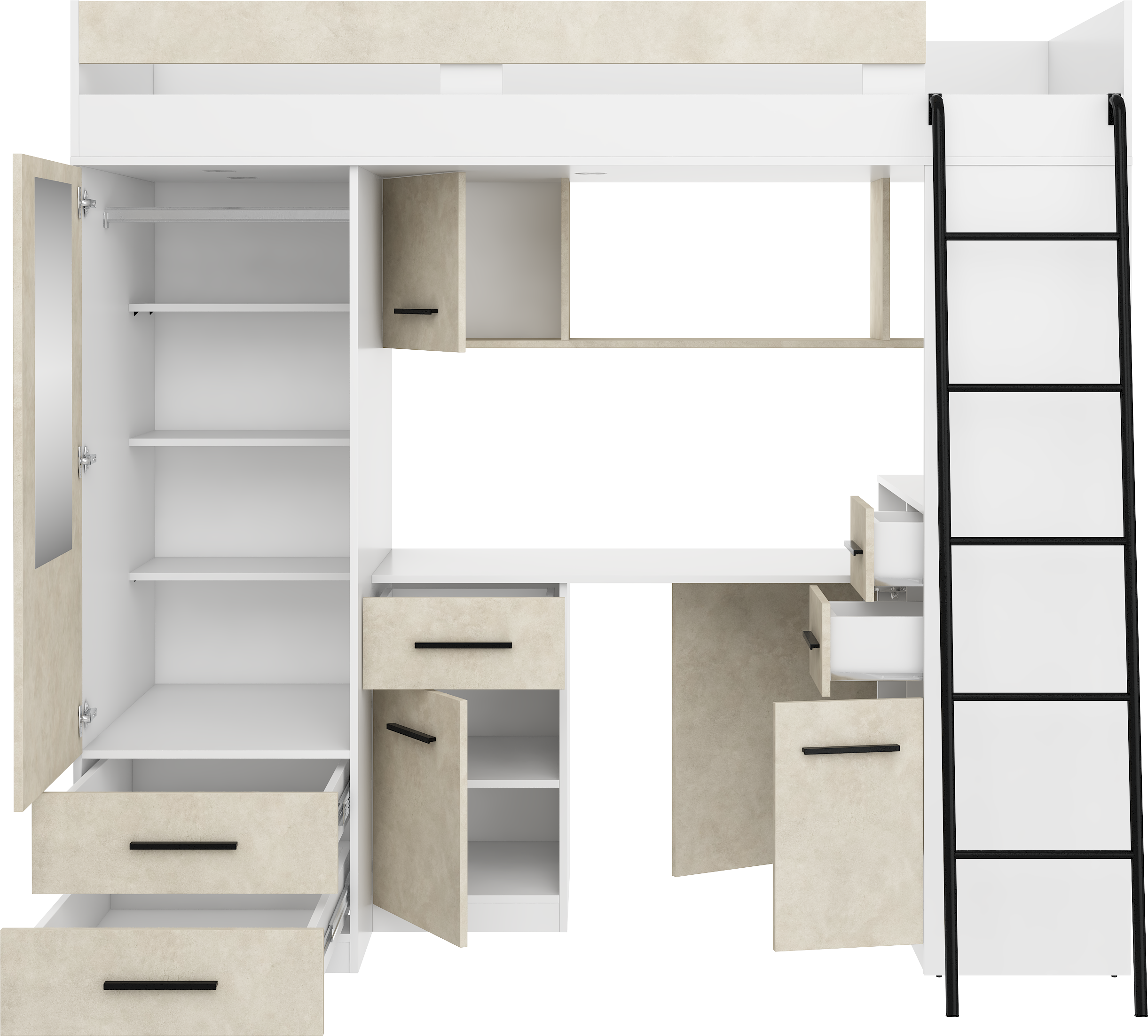 Etagenbett SMY-P mit Leiter rechts, Kleiderschrank, Schreibtisch und viele Regale