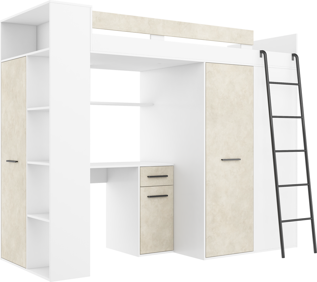 Etagenbett VER-P mit Leiter recht, Kleiderschrank, Schreibtisch und viele Regale