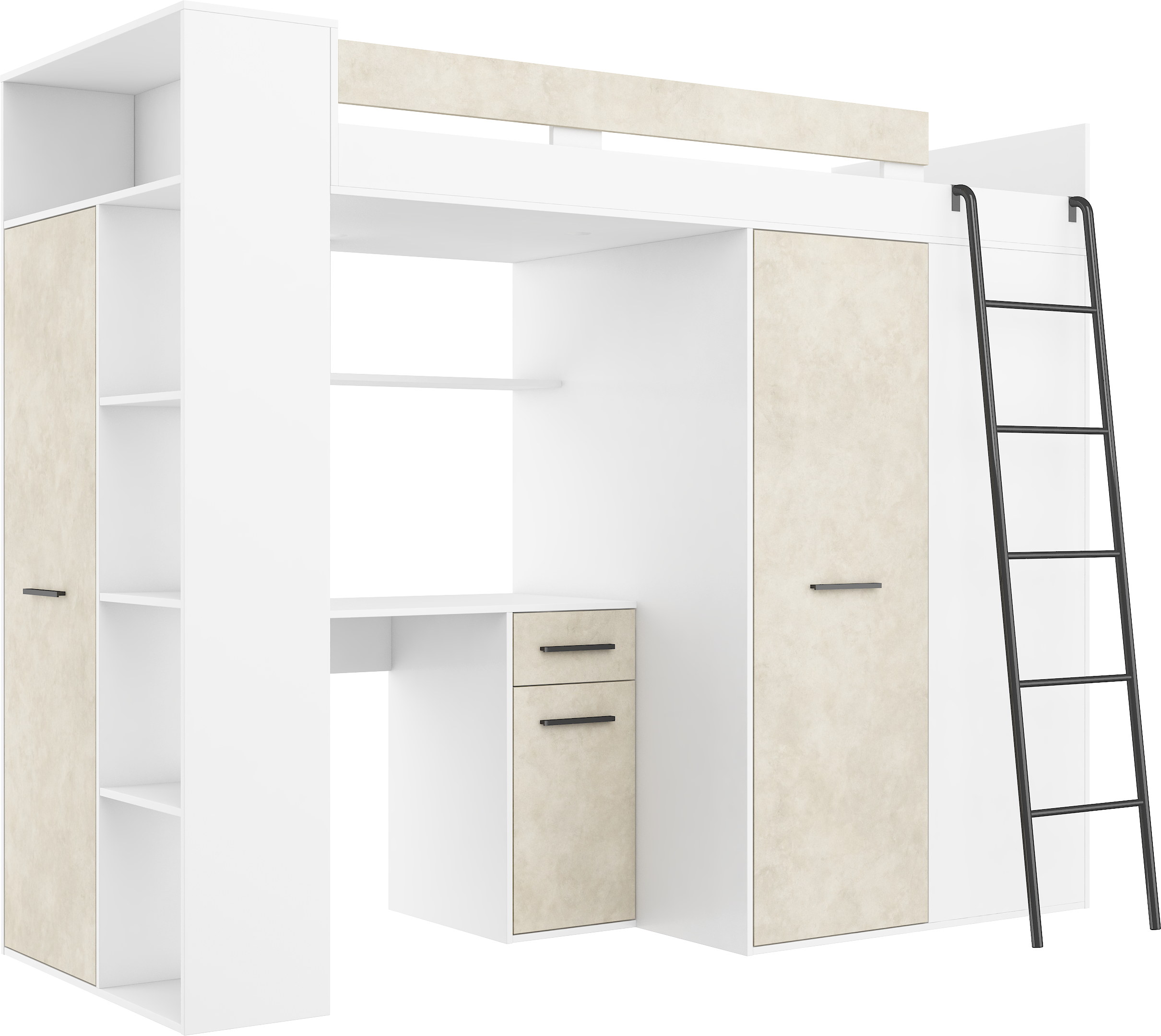 Etagenbett VER-P mit Leiter recht, Kleiderschrank, Schreibtisch und viele Regale