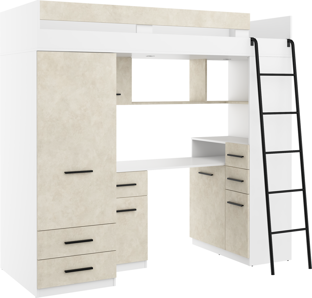 Etagenbett SMY-P mit Leiter rechts, Kleiderschrank, Schreibtisch und viele Regale