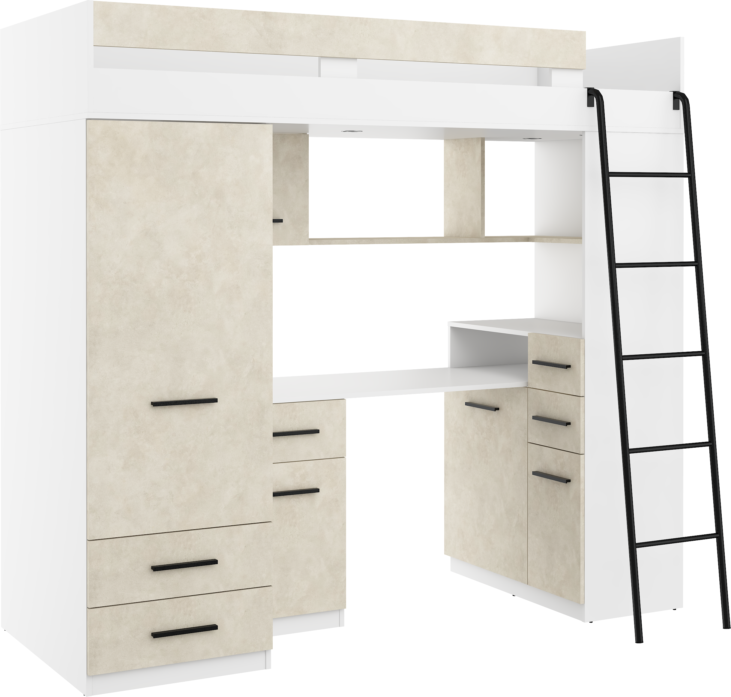 Etagenbett SMY-P mit Leiter rechts, Kleiderschrank, Schreibtisch und viele Regale