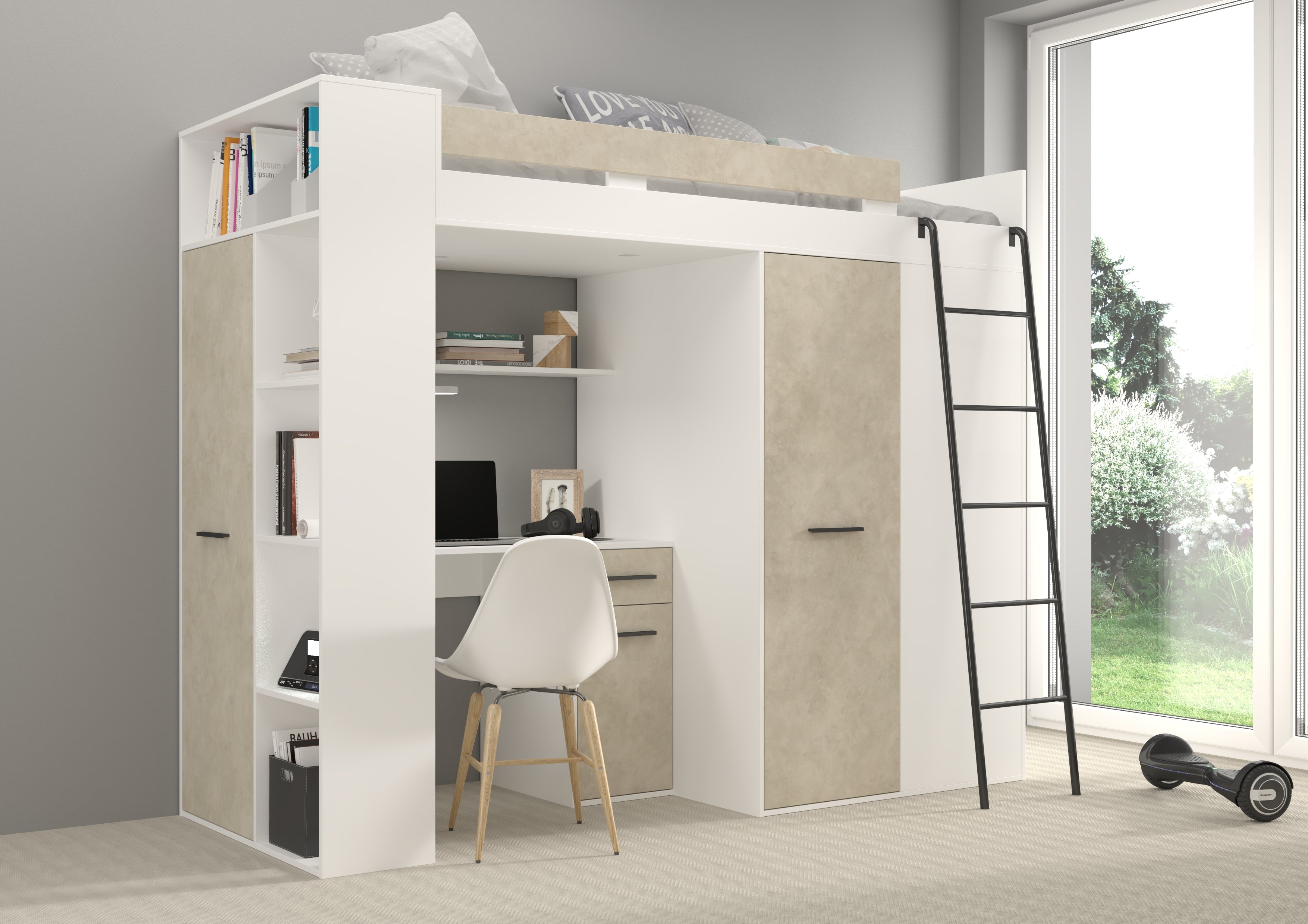 Etagenbett VER-P mit Leiter recht, Kleiderschrank, Schreibtisch und viele Regale