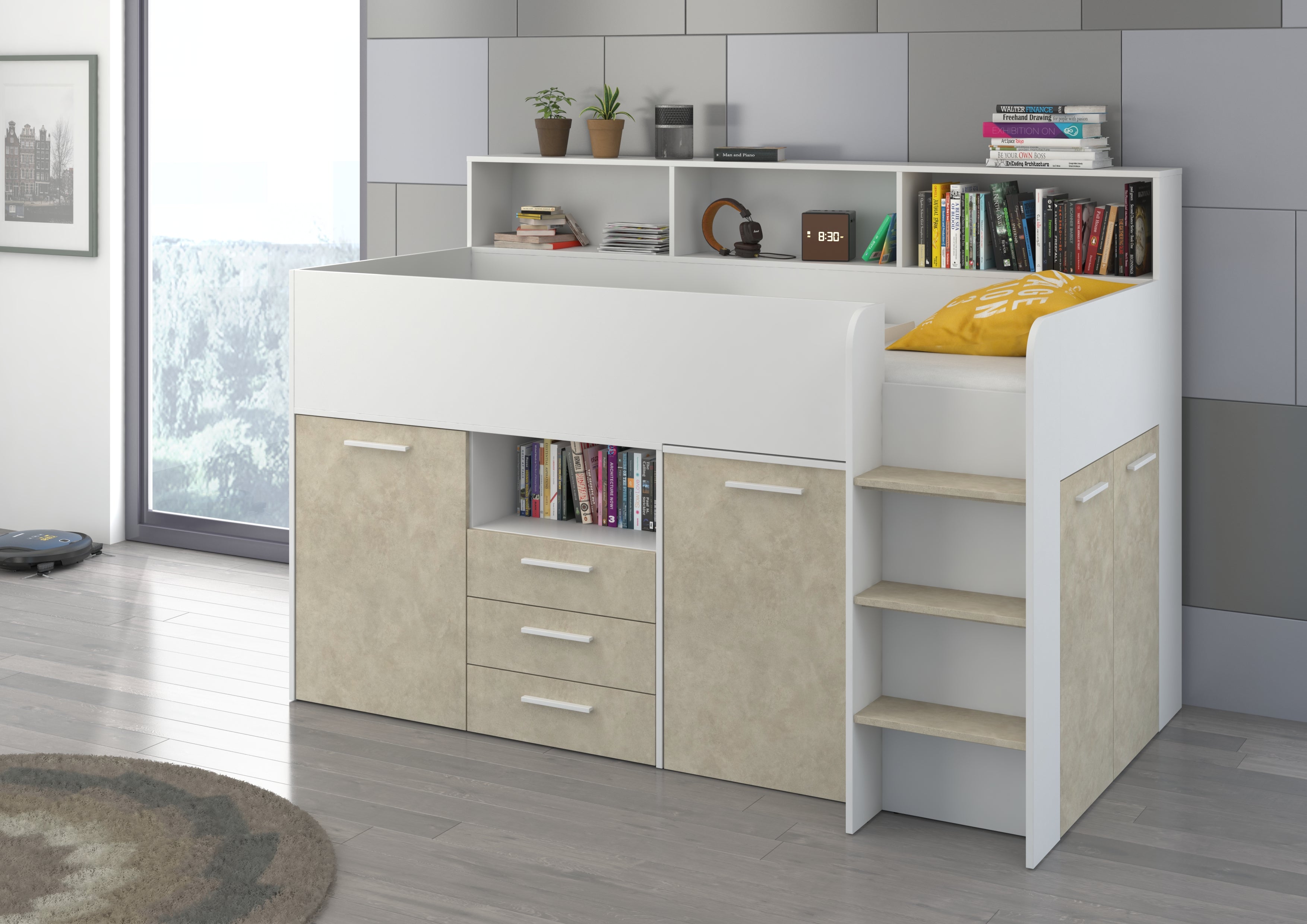 Etagenbett NE-P mit Treppe rechts, Ausziehbarer Schreibtisch und Doppel Schrank