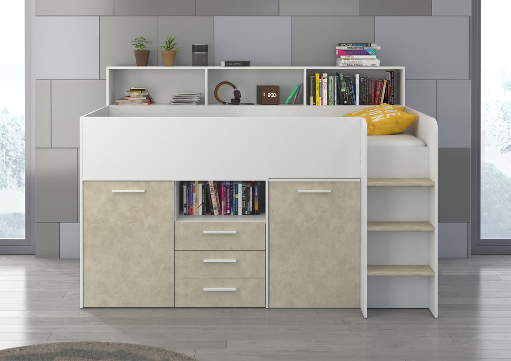 Etagenbett NE-P mit Treppe rechts, Ausziehbarer Schreibtisch und Doppel Schrank