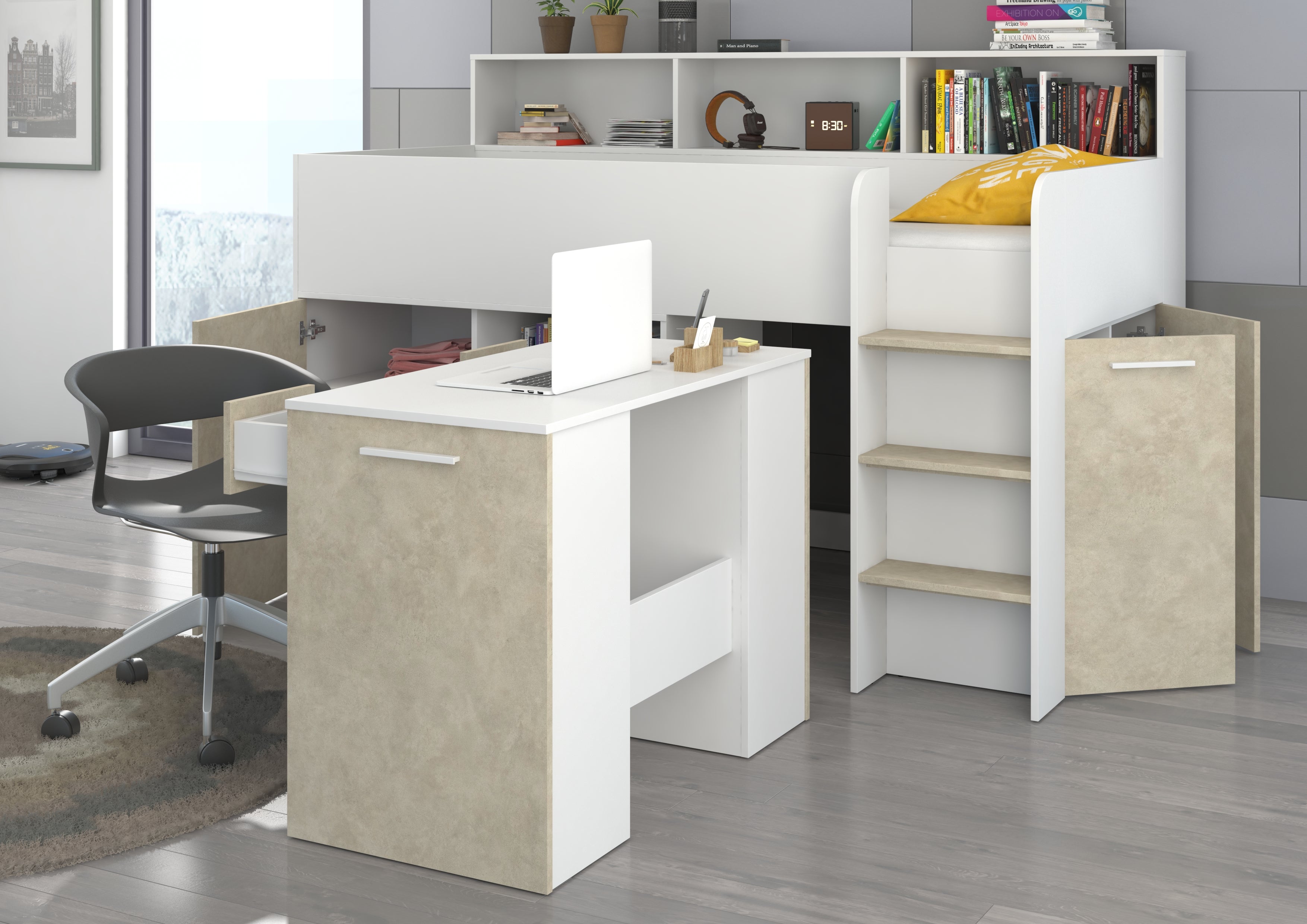 Etagenbett NE-P mit Treppe rechts, Ausziehbarer Schreibtisch und Doppel Schrank