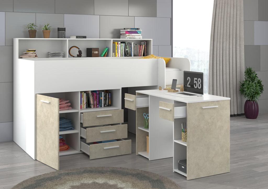 Etagenbett NE-P mit Treppe rechts, Ausziehbarer Schreibtisch und Doppel Schrank