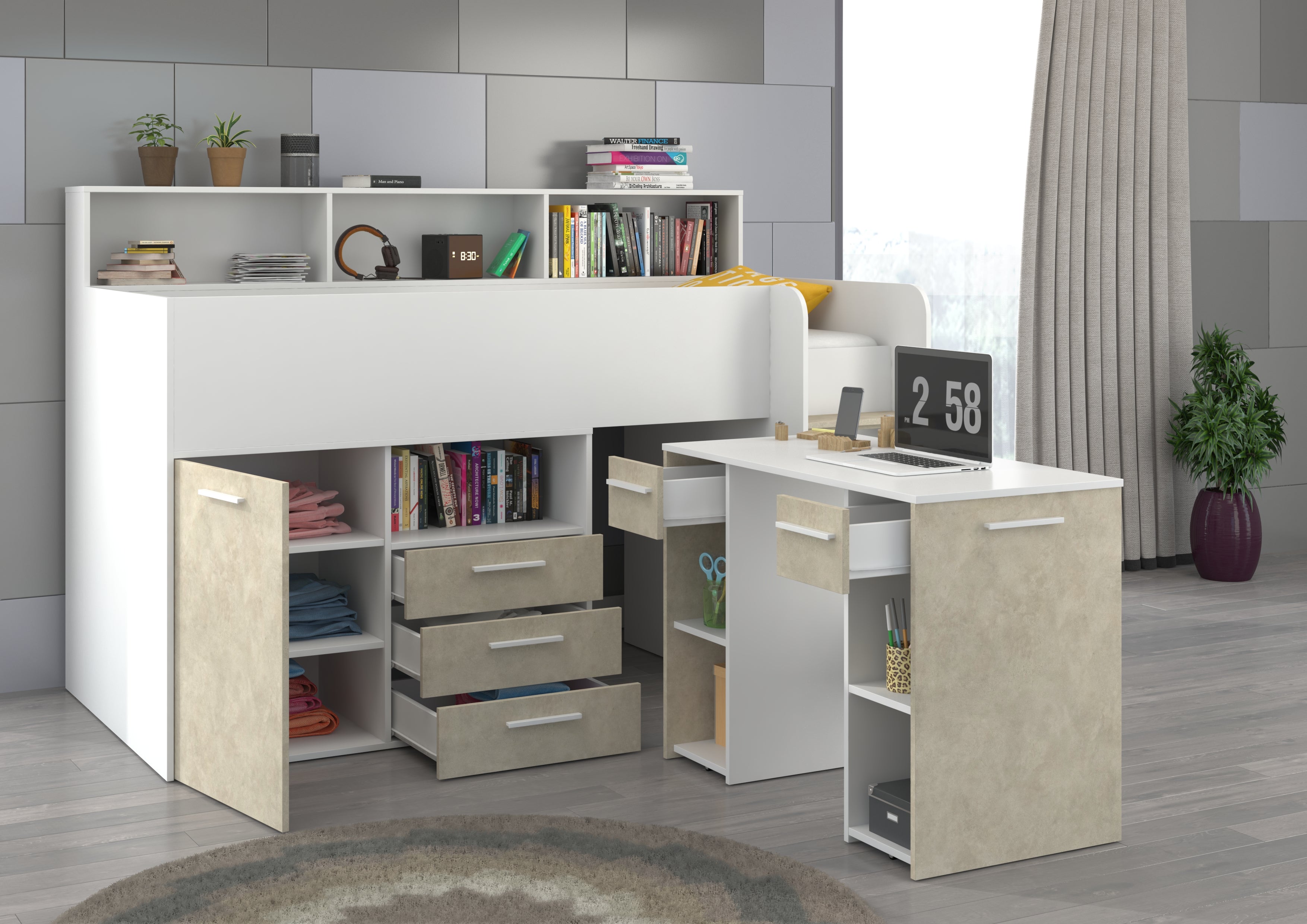 Etagenbett NE-P mit Treppe rechts, Ausziehbarer Schreibtisch und Doppel Schrank