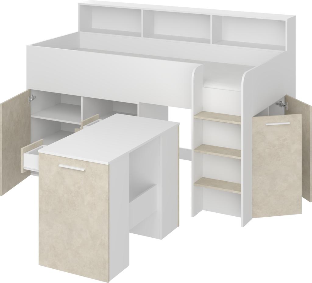 Etagenbett NE-P mit Treppe rechts, Ausziehbarer Schreibtisch und Doppel Schrank
