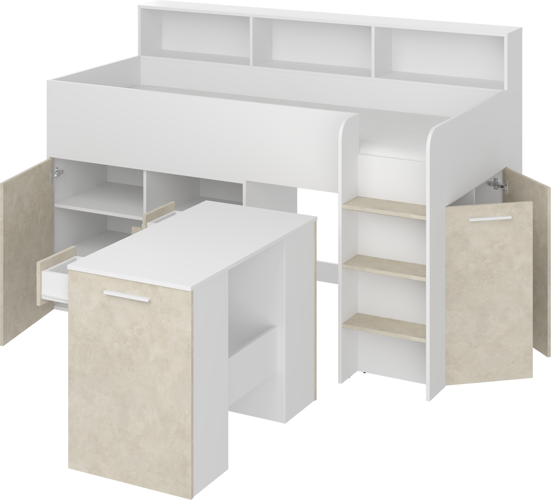 Etagenbett NE-P mit Treppe rechts, Ausziehbarer Schreibtisch und Doppel Schrank
