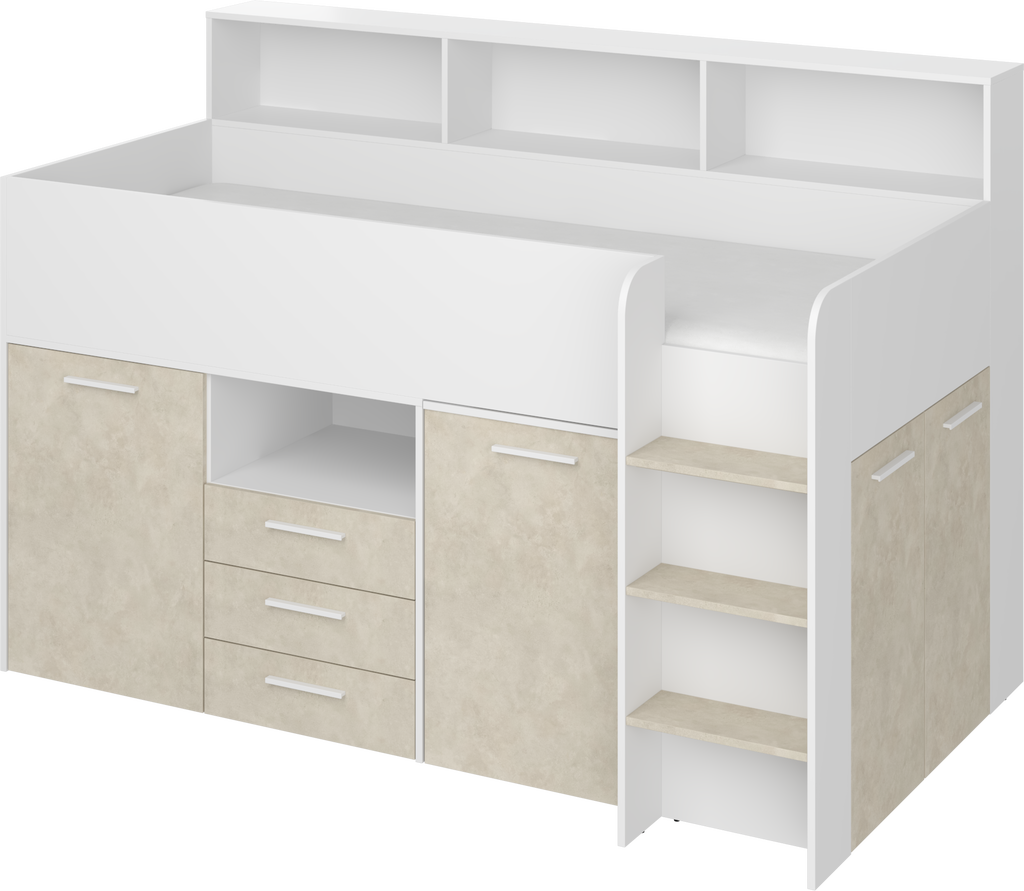 Etagenbett NE-P mit Treppe rechts, Ausziehbarer Schreibtisch und Doppel Schrank