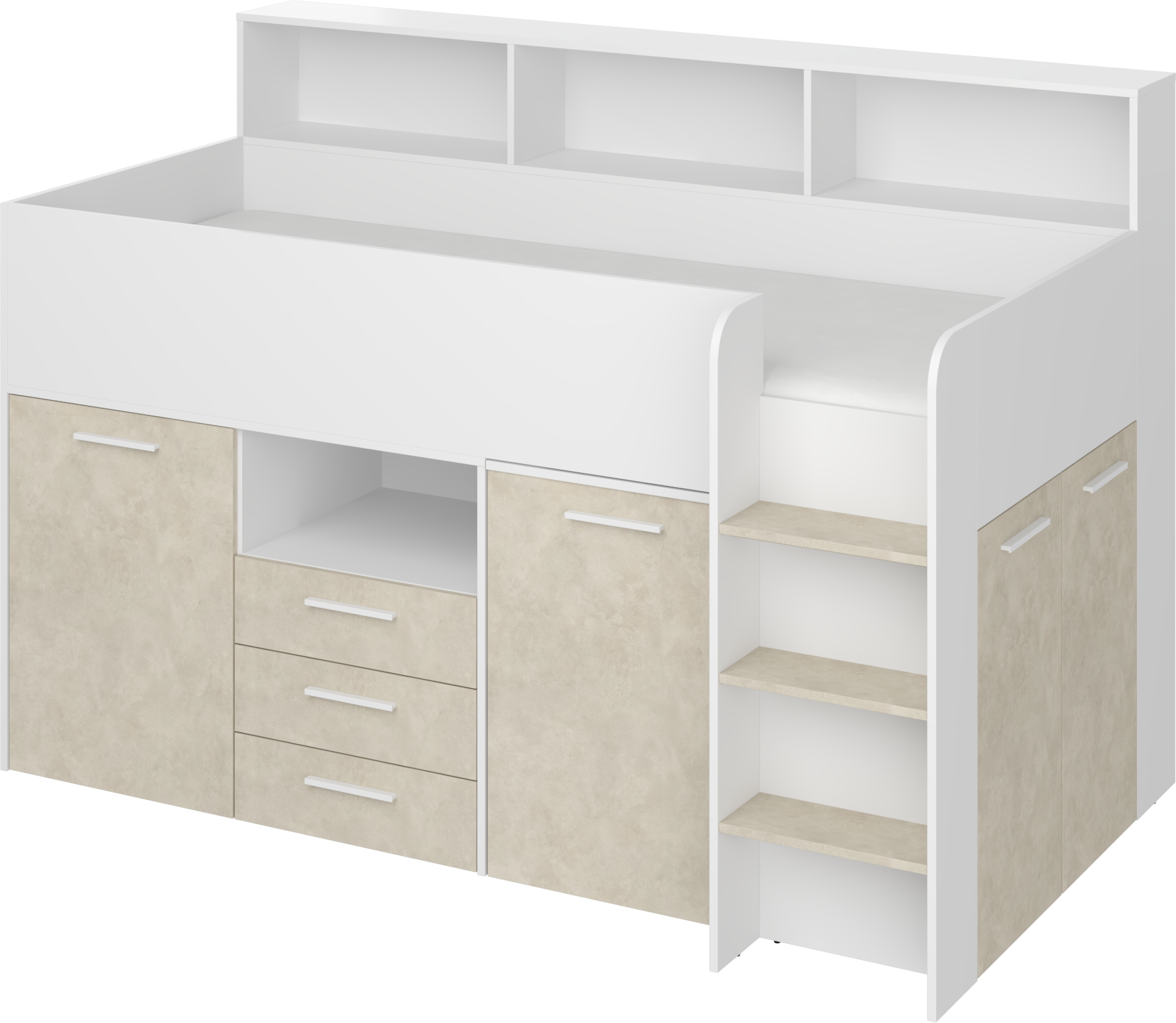Etagenbett NE-P mit Treppe rechts, Ausziehbarer Schreibtisch und Doppel Schrank