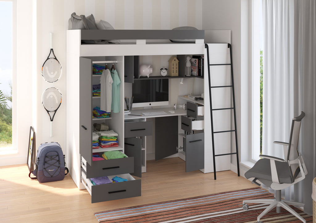 Etagenbett SMY-P mit Leiter rechts, Kleiderschrank, Schreibtisch und viele Regale
