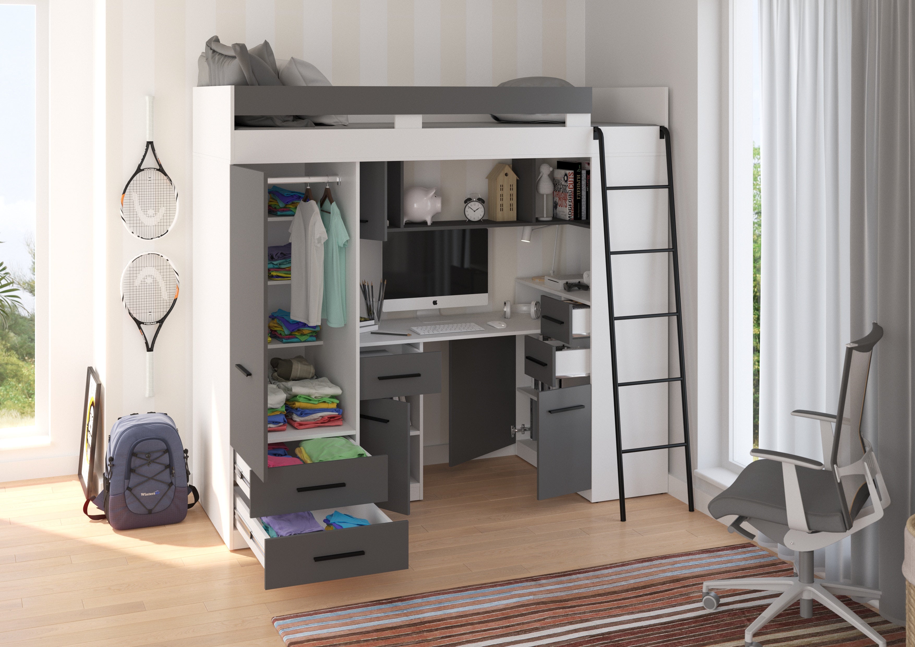 Etagenbett SMY-P mit Leiter rechts, Kleiderschrank, Schreibtisch und viele Regale