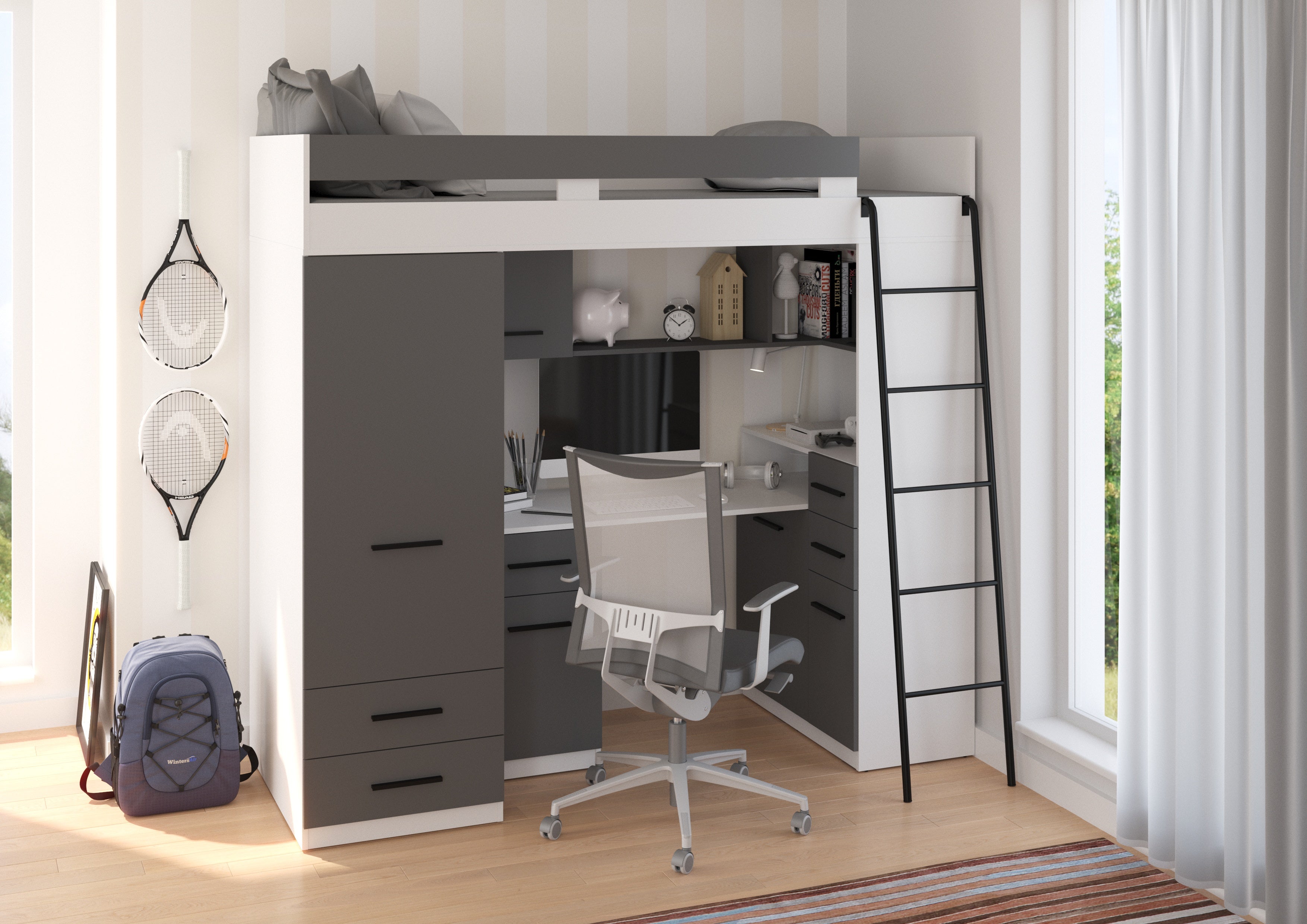 Etagenbett SMY-P mit Leiter rechts, Kleiderschrank, Schreibtisch und viele Regale