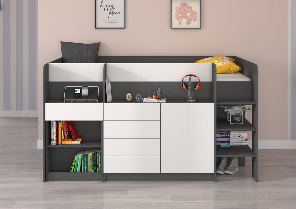 Etagenbett SMI-P mit Treppe rechts, Ausziehbarer Schreibtisch und kleiner Schrank