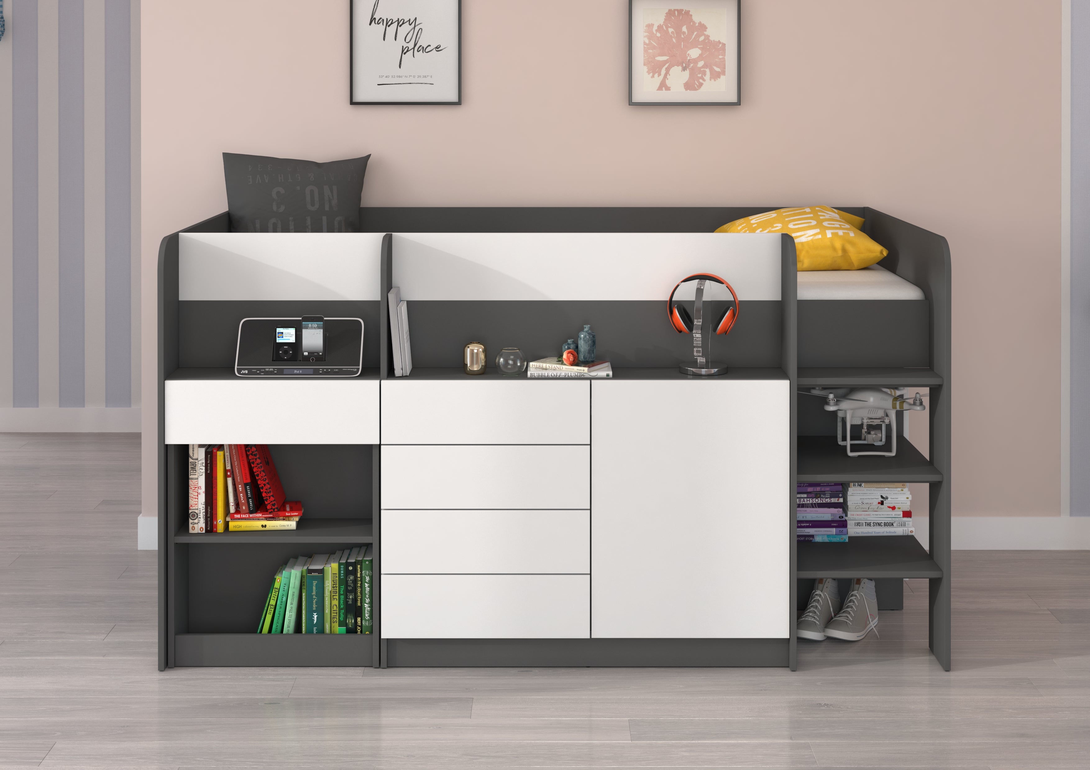 Etagenbett SMI-P mit Treppe rechts, Ausziehbarer Schreibtisch und kleiner Schrank