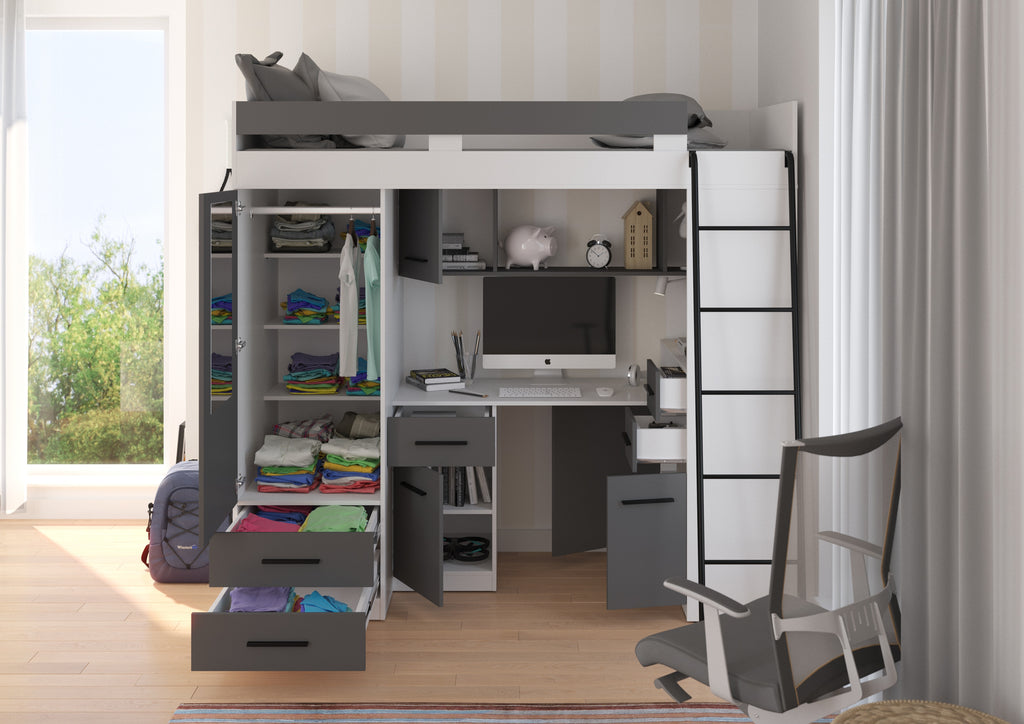 Etagenbett SMY-P mit Leiter rechts, Kleiderschrank, Schreibtisch und viele Regale
